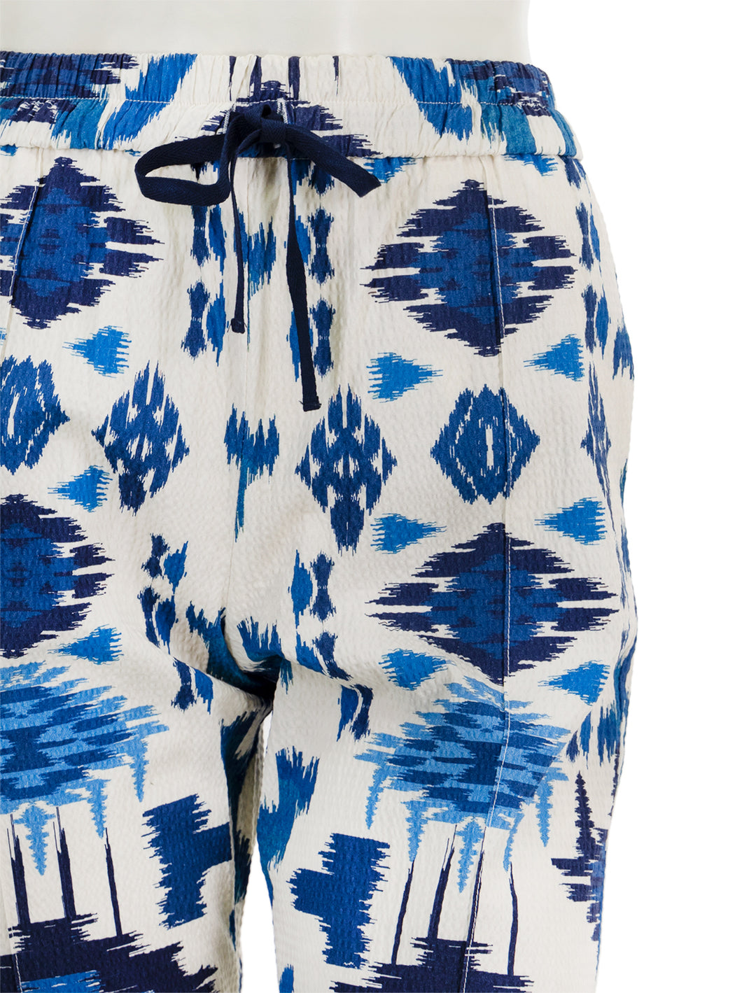 Close-up view of Vilagallo's clarise pant in blue ikat.