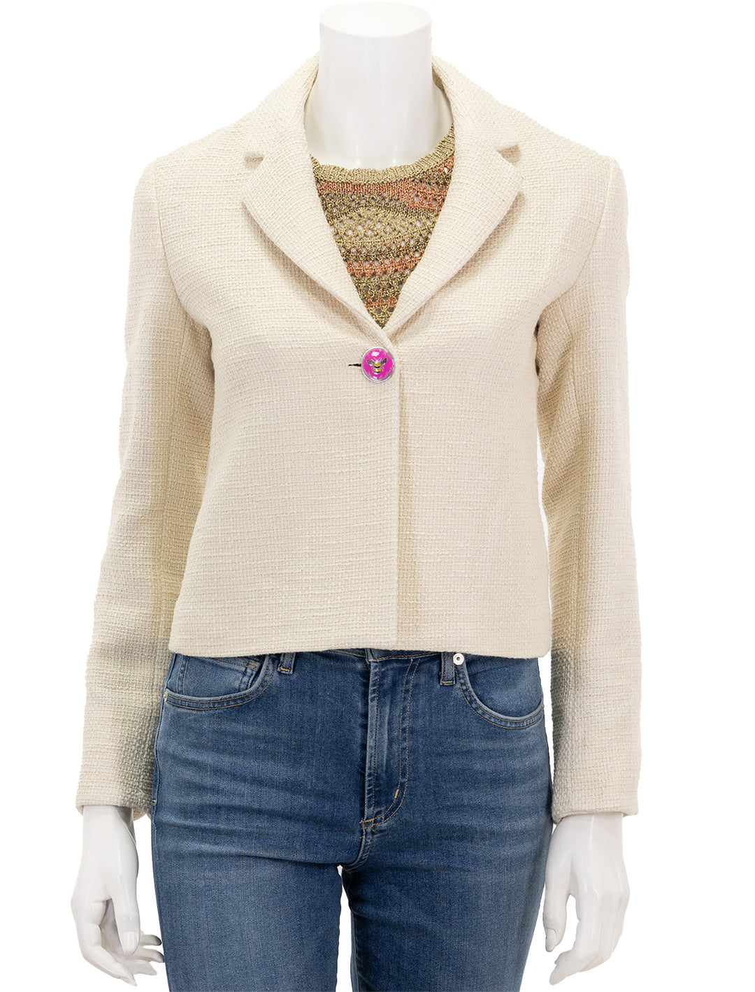 Front view of Vilagallo's imma jacket in ivory, buttoned.