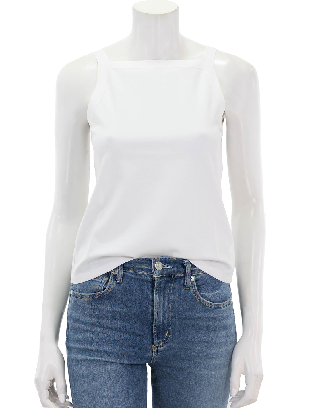Front view of Theory's square high neck tank in white.