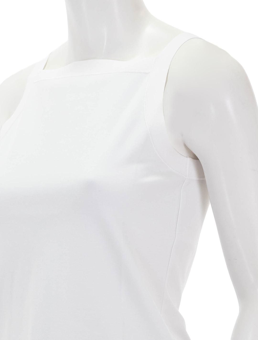 Close-up view of Theory's square high neck tank in white.