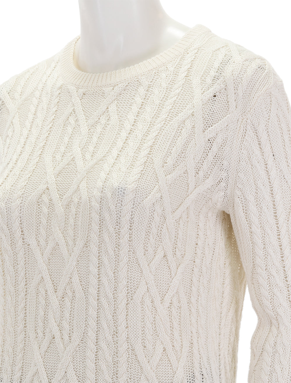 Close-up view of Theory's aran long sleeve pullover in bone.