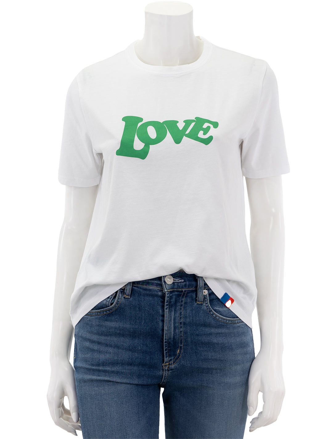 Front view of KULE's the LOVE modern tee in white.