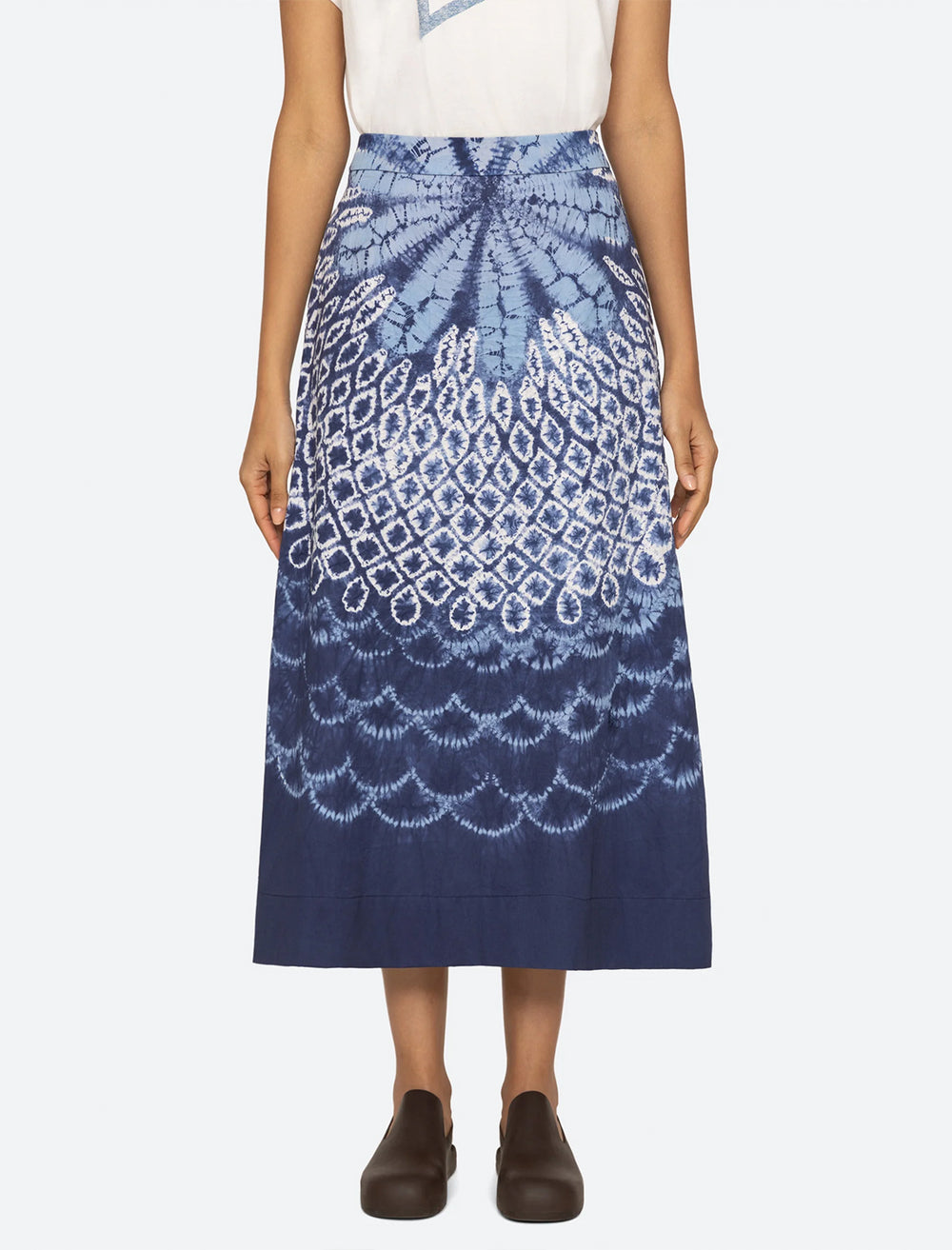 Model wearing Sea NY's blythe dye print skirt