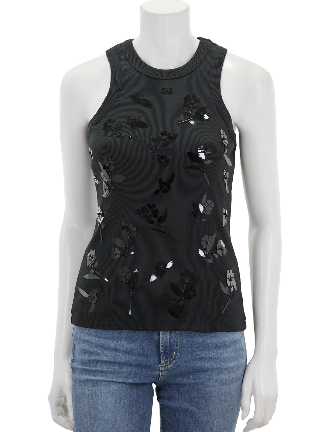 Front view of GANNI's rib jersey embellished tank.