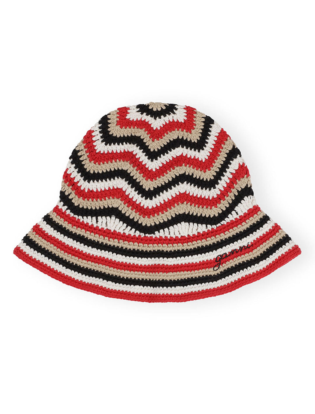 Overhead view of GANNI's cotton crochet bucket hat in racing red.