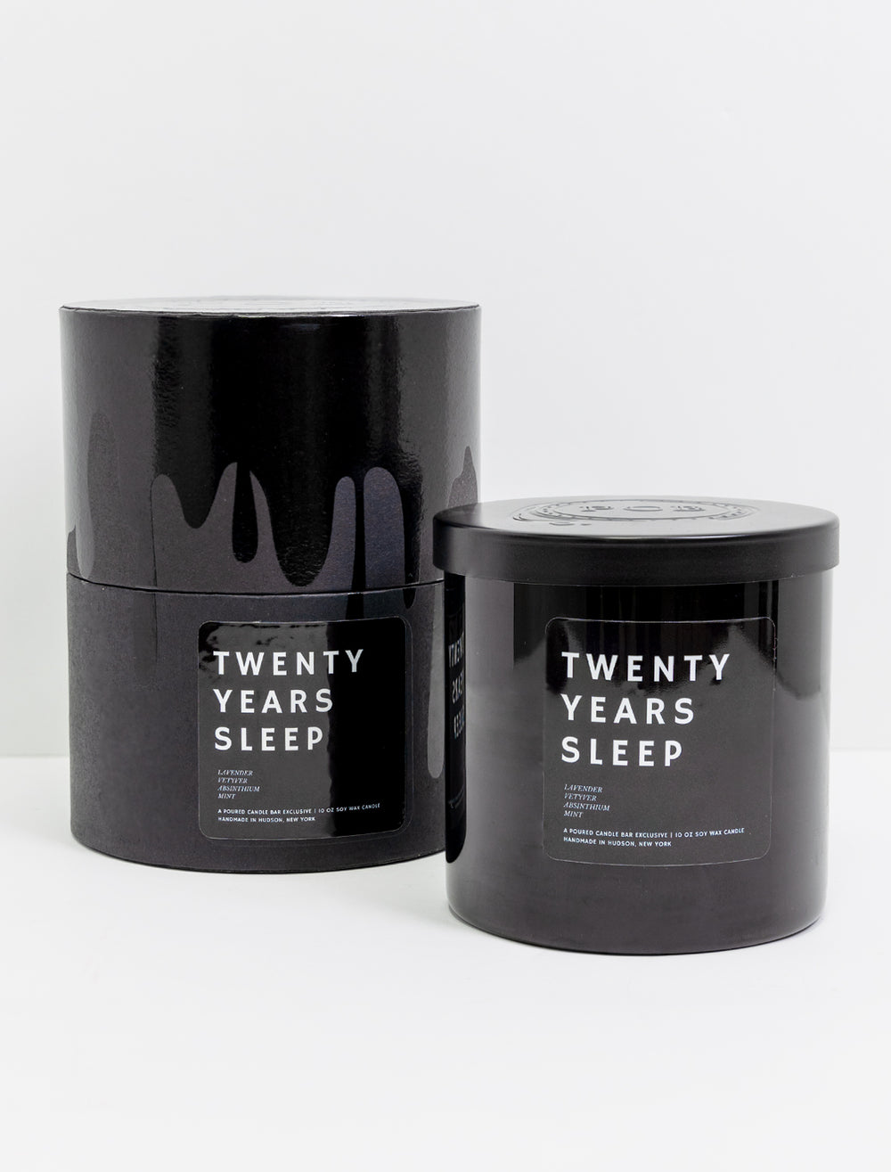 Poured Candle Bar's twenty years sleep candle and packaging.