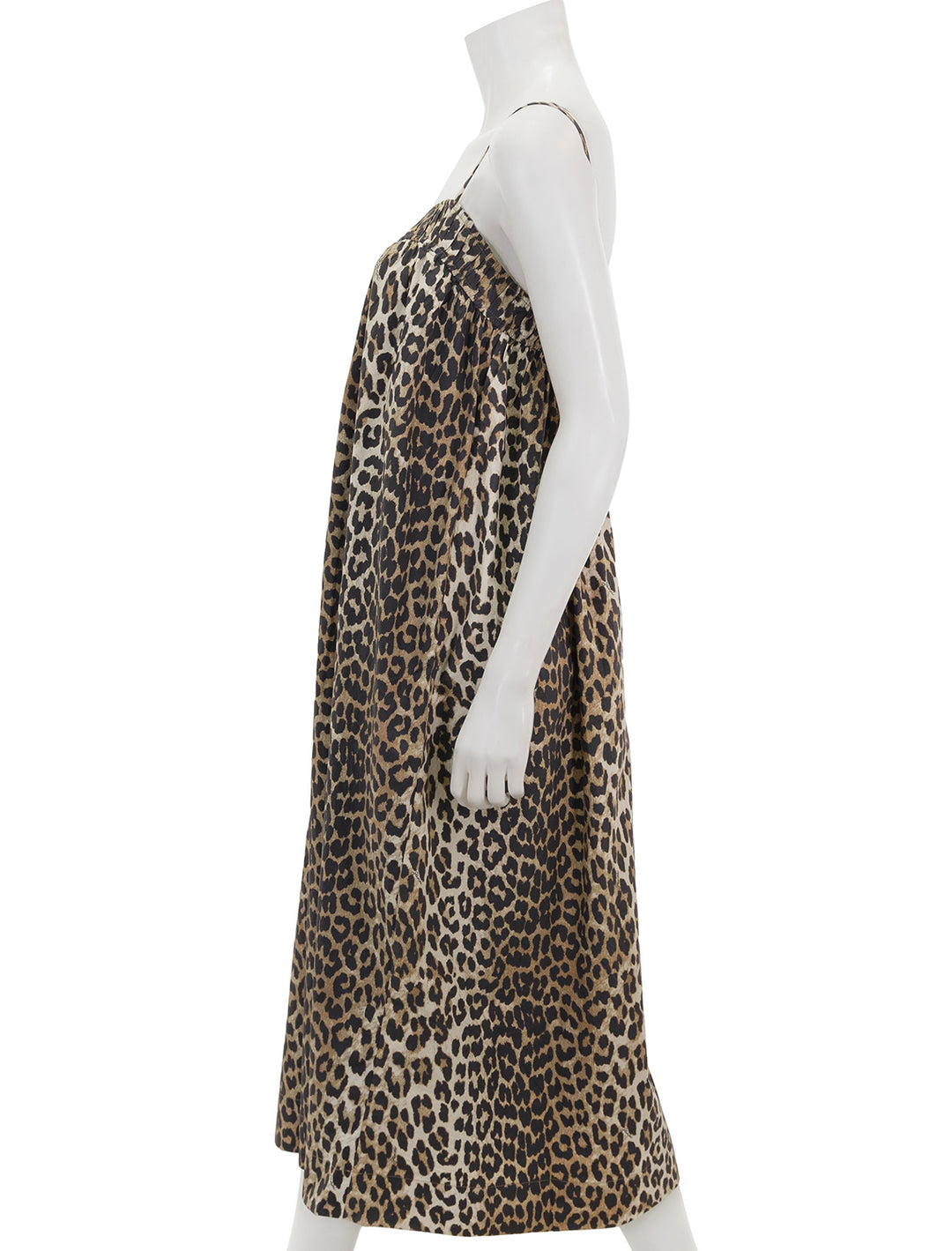 Side view of GANNI's printed cotton midi dress in leopard.