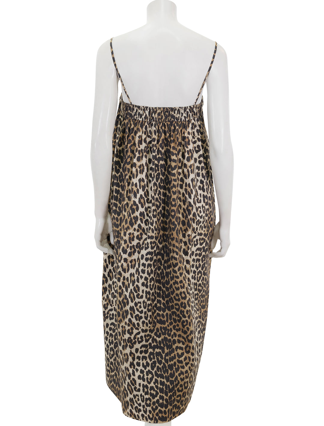 Back view of GANNI's printed cotton midi dress in leopard.