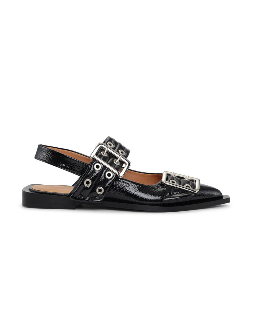 Side view of GANNI's black wide welt buckle ballerinas.