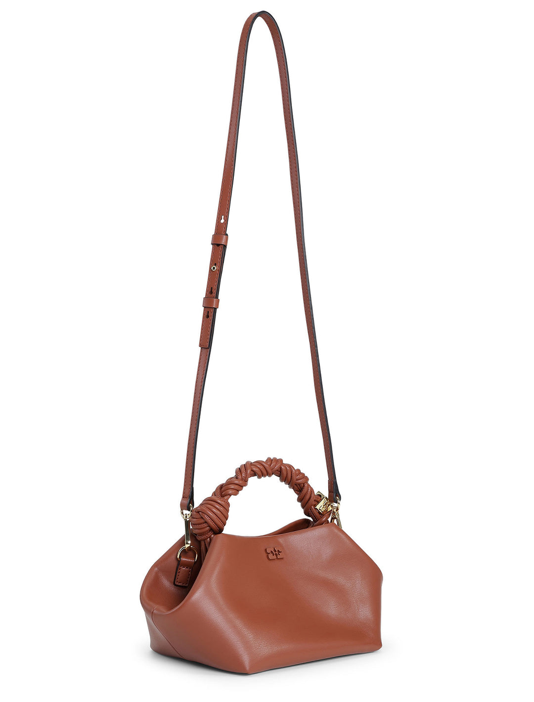 View of GANNI's small bou bag in terracotta with shoulder strap.