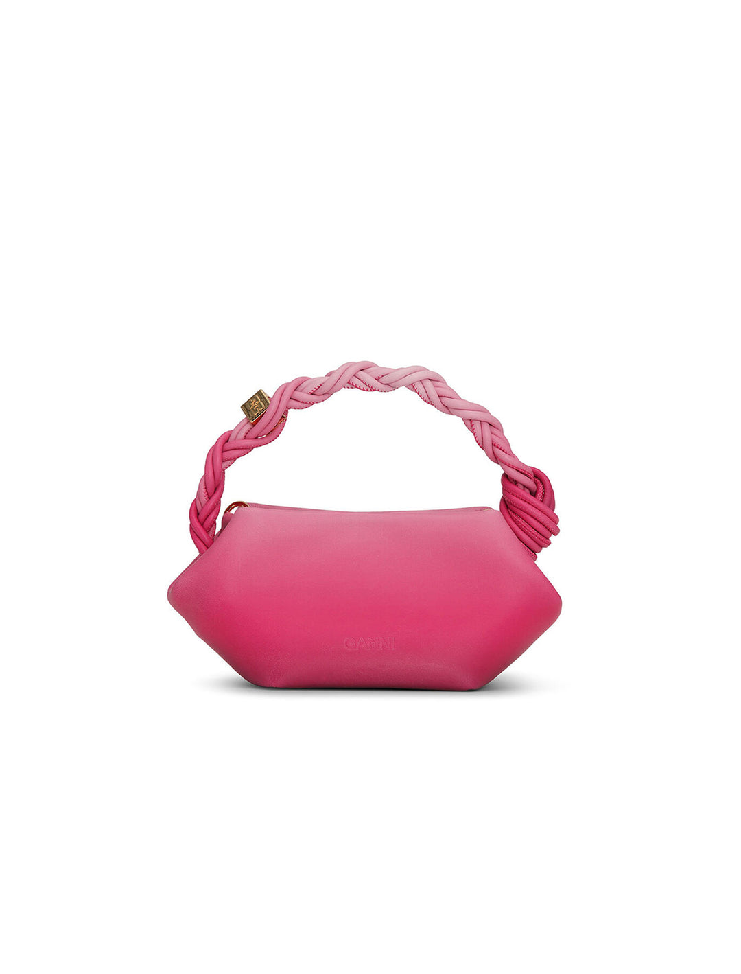 Back view of GANNI's mini bou bag in gradient pink.