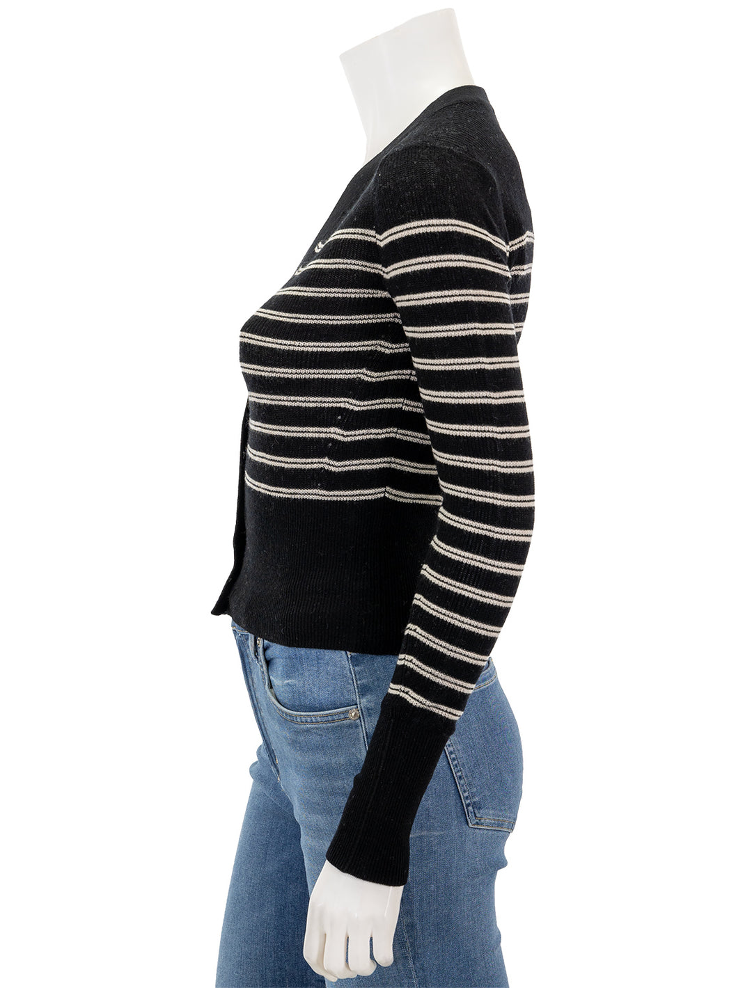 Side view of Rag & Bone's bree striped vee cardigan in black multi.