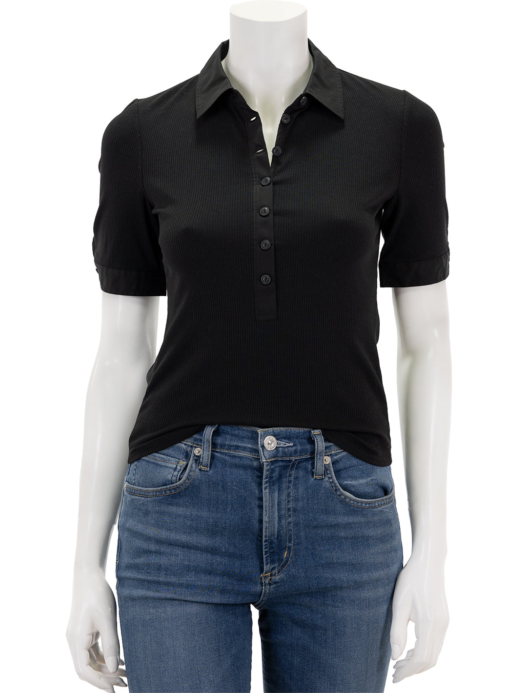 Front view of Rag & Bone's ribbed mix media polo in black.