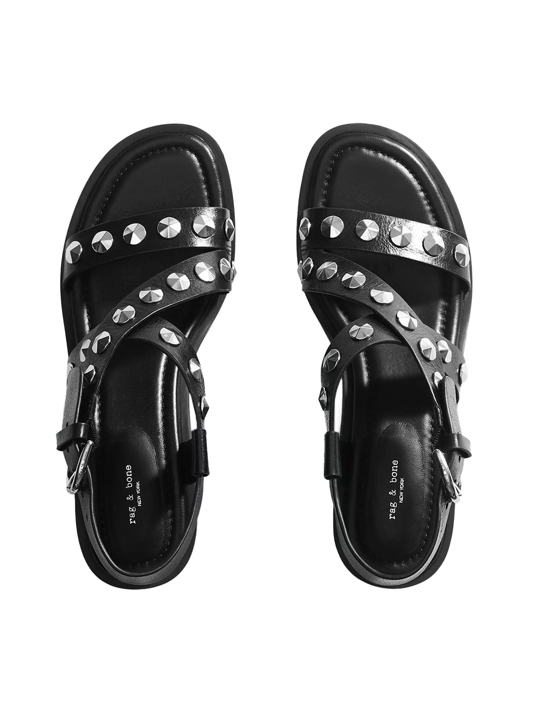 Overhead view of Rag & Bone's geo stud block heel sandal in black.