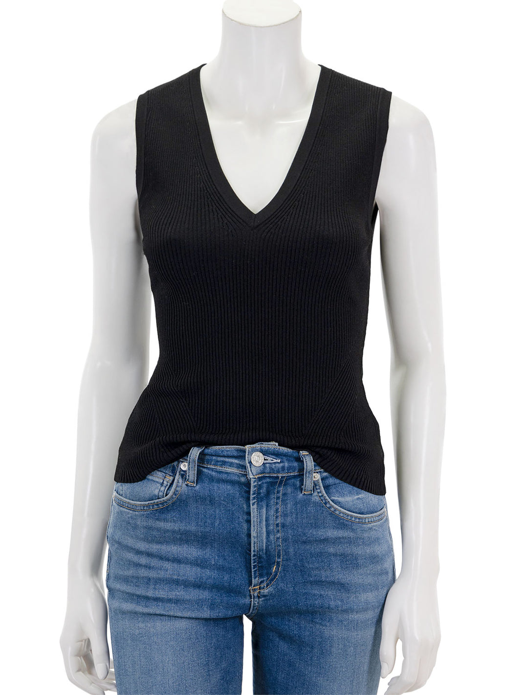Front view of Veronica Beard's sid sleeveless pullover in black.