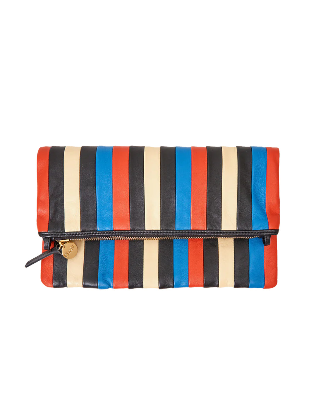 Front view of Clare V.'s foldover clutch with tabs in multi stripe nappa.