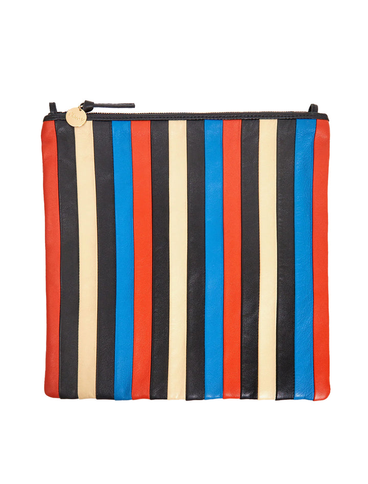 Unfolded view of Clare V.'s foldover clutch with tabs in multi stripe nappa.