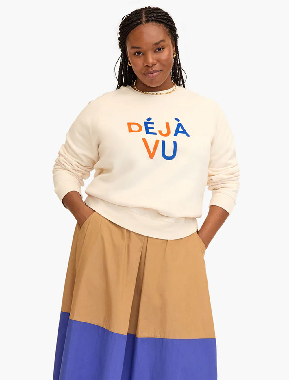 Model wearing Clare V.'s deja vu sweatshirt.