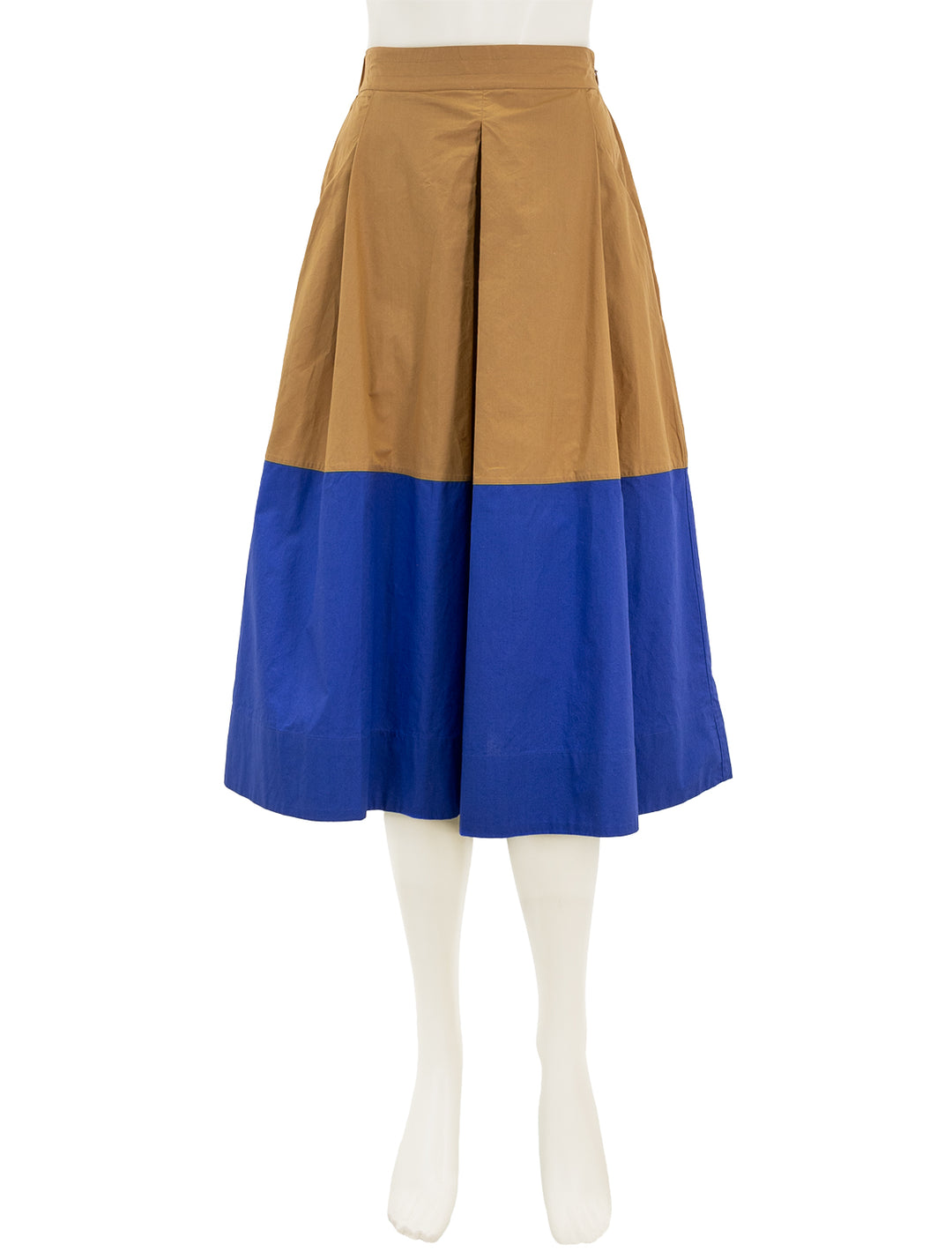 Front view of Clare V.'s genevieve skirt in khaki and cobalt.