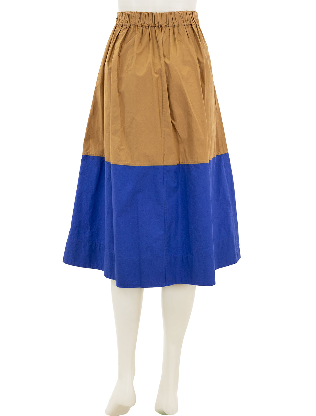 Back view of Clare V.'s genevieve skirt in khaki and cobalt.