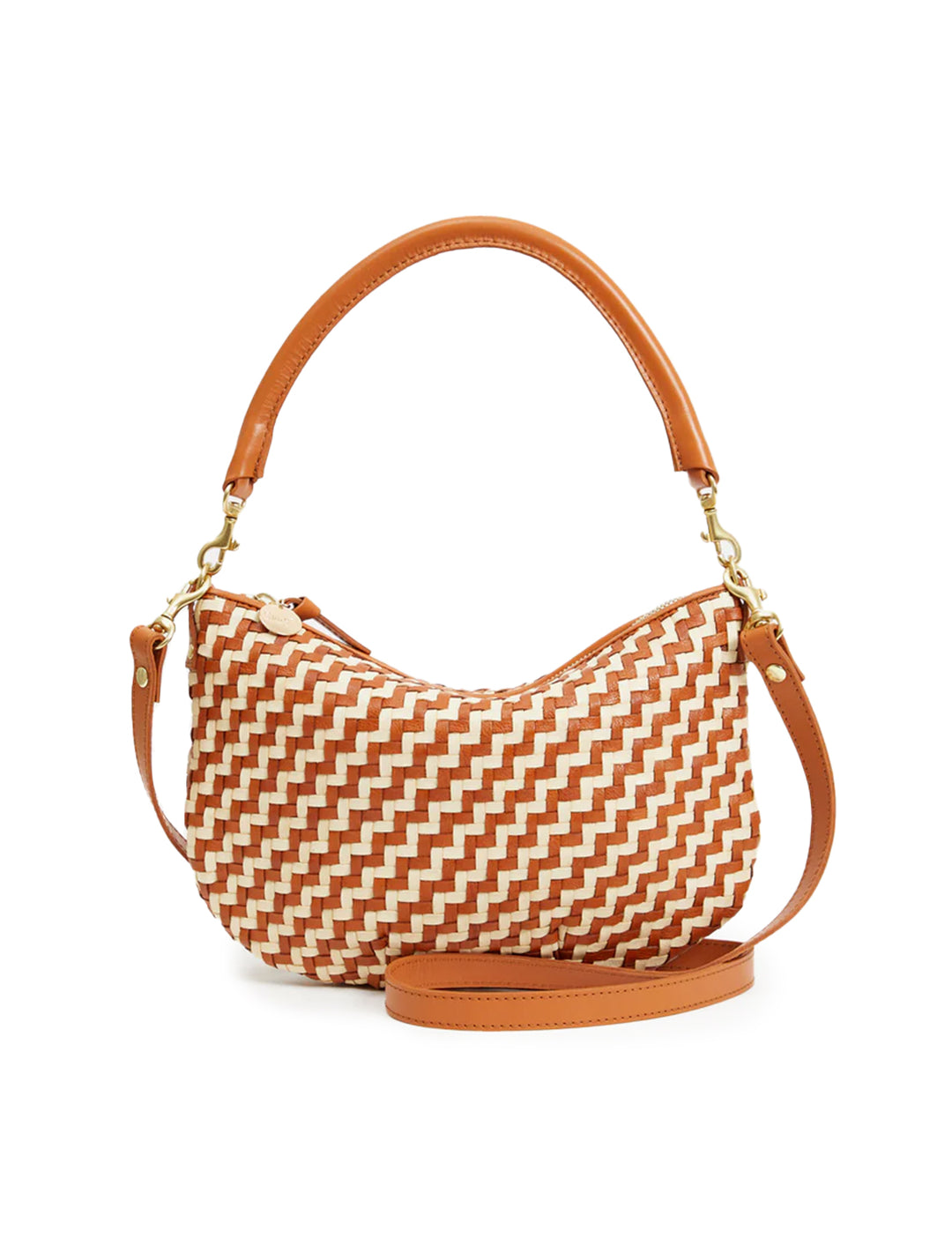 Front view of Clare V.'s petite moyen messenger in natural and cream woven zig zag.