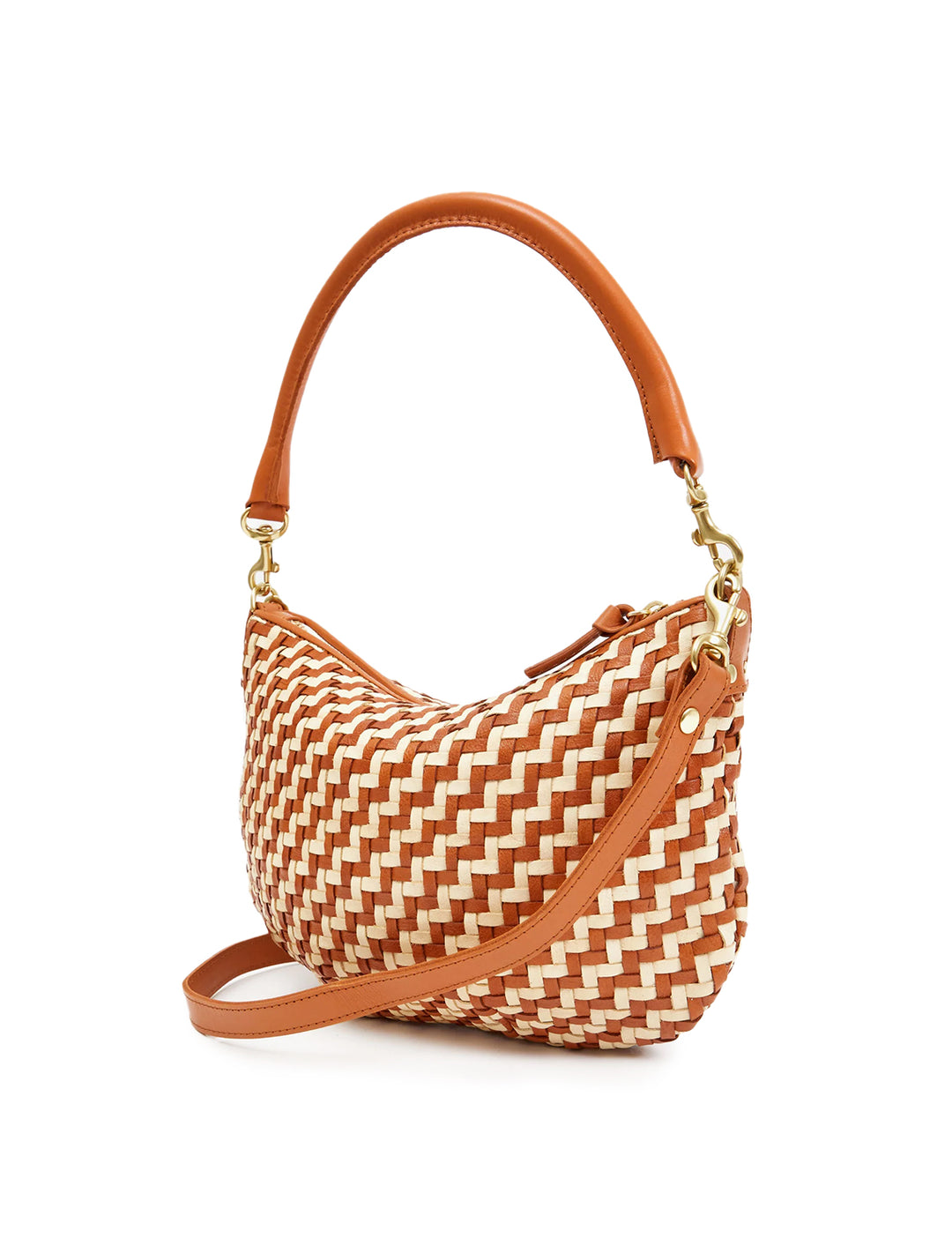 Side angle view of Clare V.'s petite moyen messenger in natural and cream woven zig zag.
