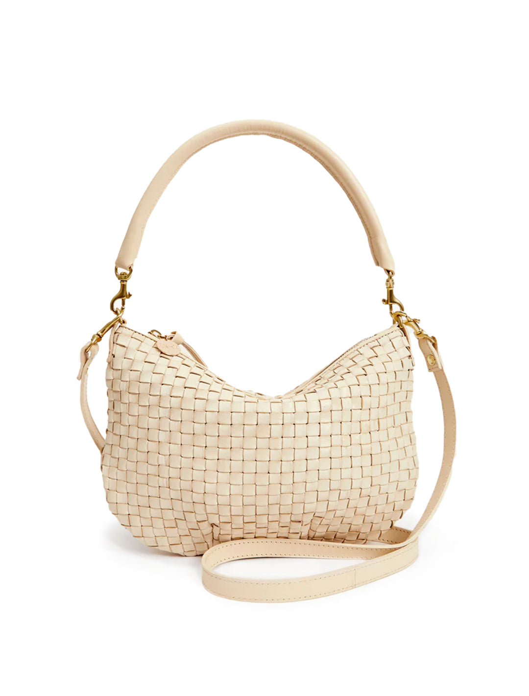 Front view of Clare V.'s petit moyen messenger in cream woven checker.