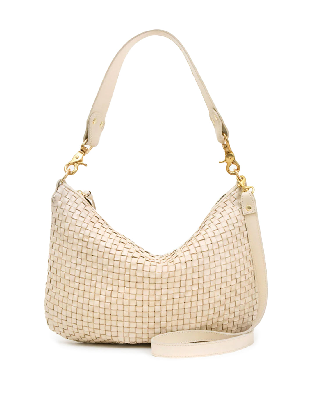 Front view of Clare V.'s moyen messenger in new cream woven checker.
