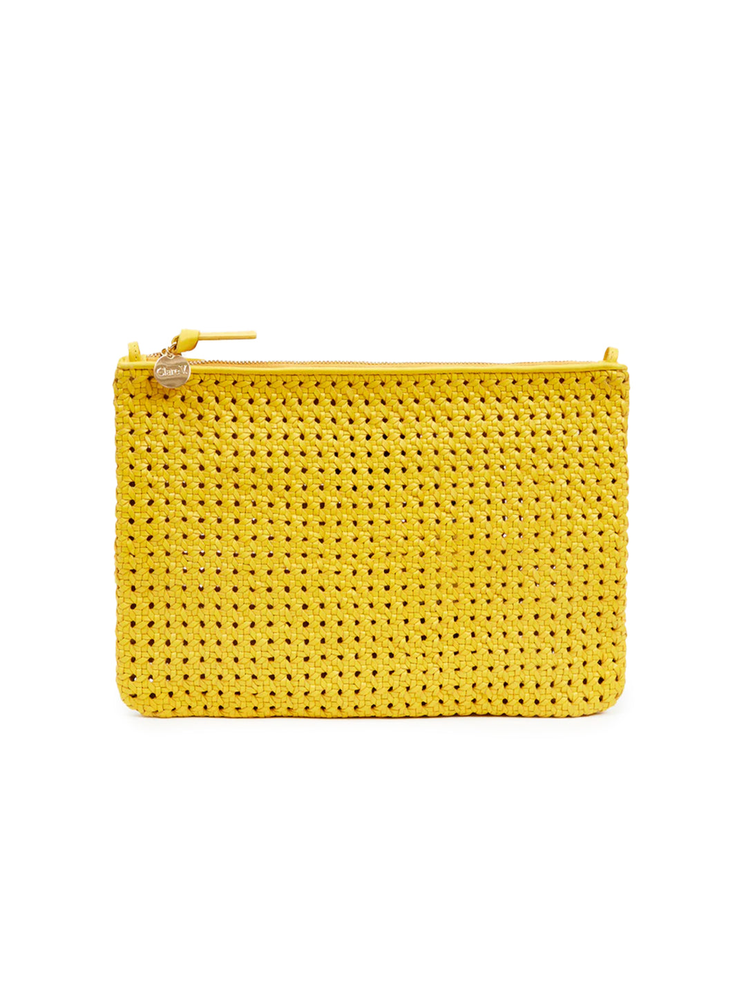 Front view of Clare V.'s flat clutch with tabs in dandelion rattan.
