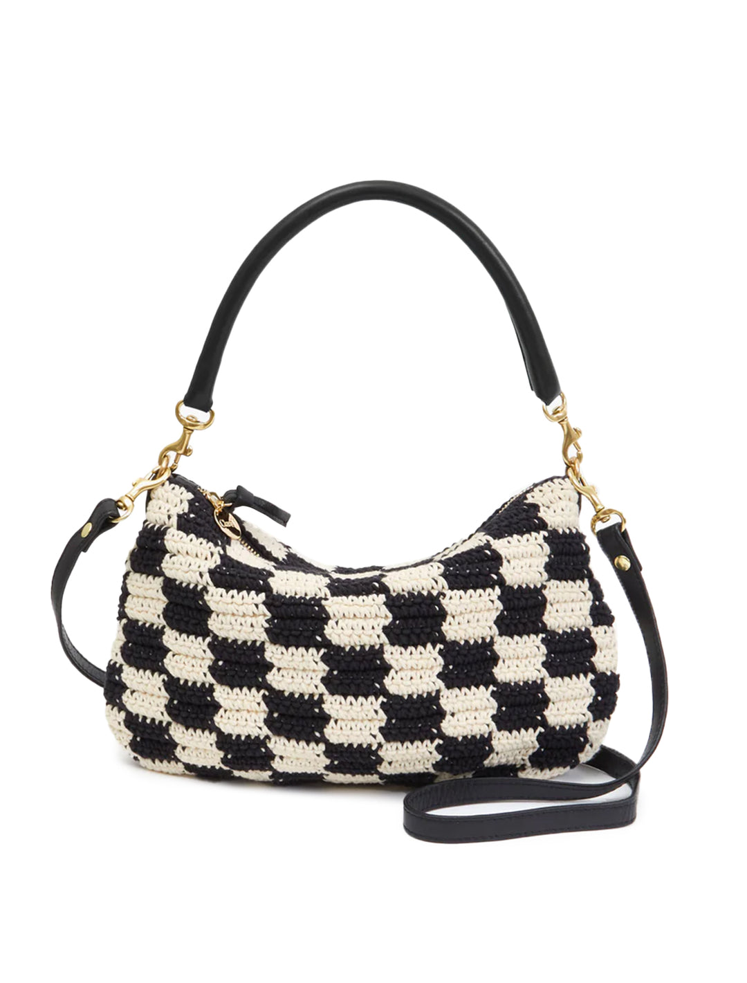 Front view of Clare V.'s petit moyen messenger in black and cream crochet checker.