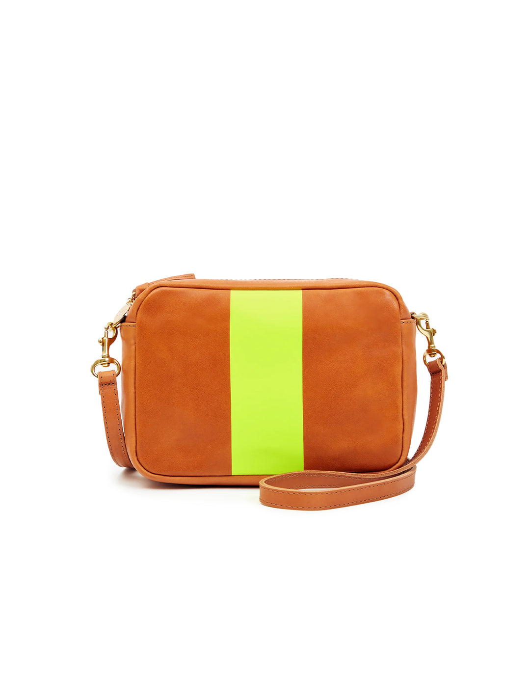 Front view of Clare V.'s midi sac in tan nepetto leather and neon stripe.