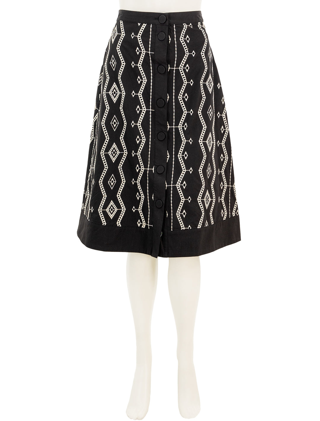 Front view of Suncoo Paris' first eyelet skirt in noir.