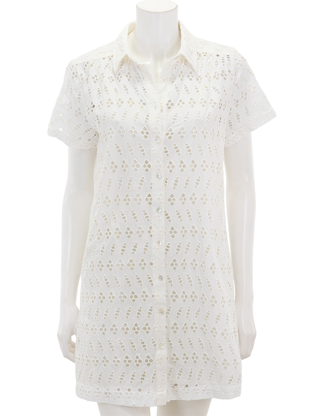 Front view of Lilla P.'s eyelet short sleeve shirt dress in white.
