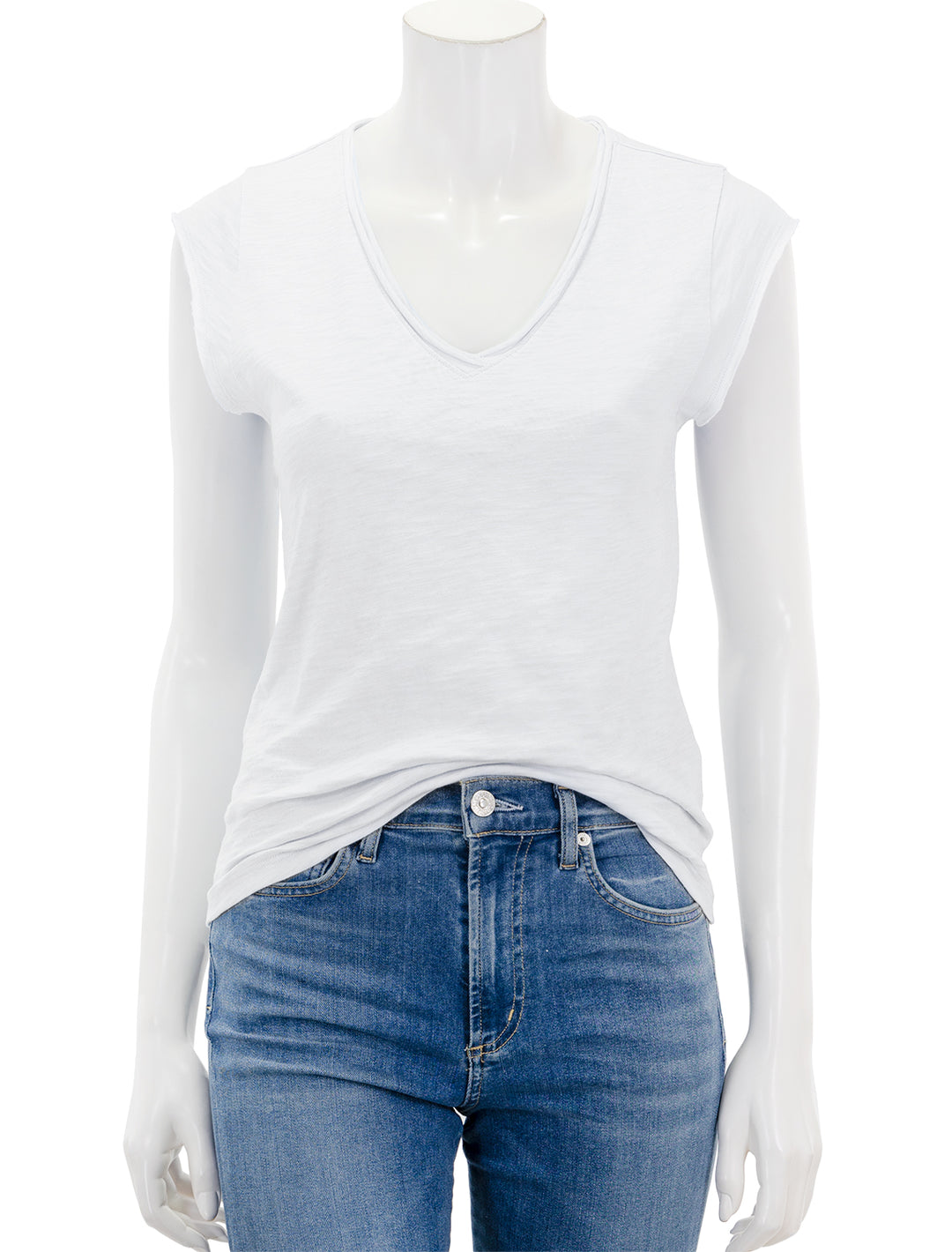 Front view of Lilla P.'s cap sleeve v neck in white.