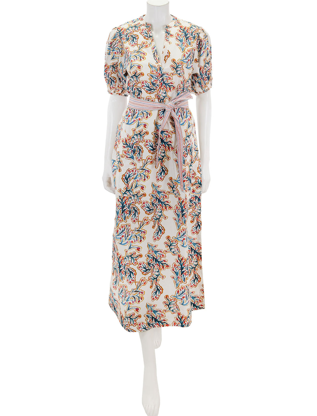 Front view of Lilla P.'s split neck full sleeve maxi dress in spring watercolor.