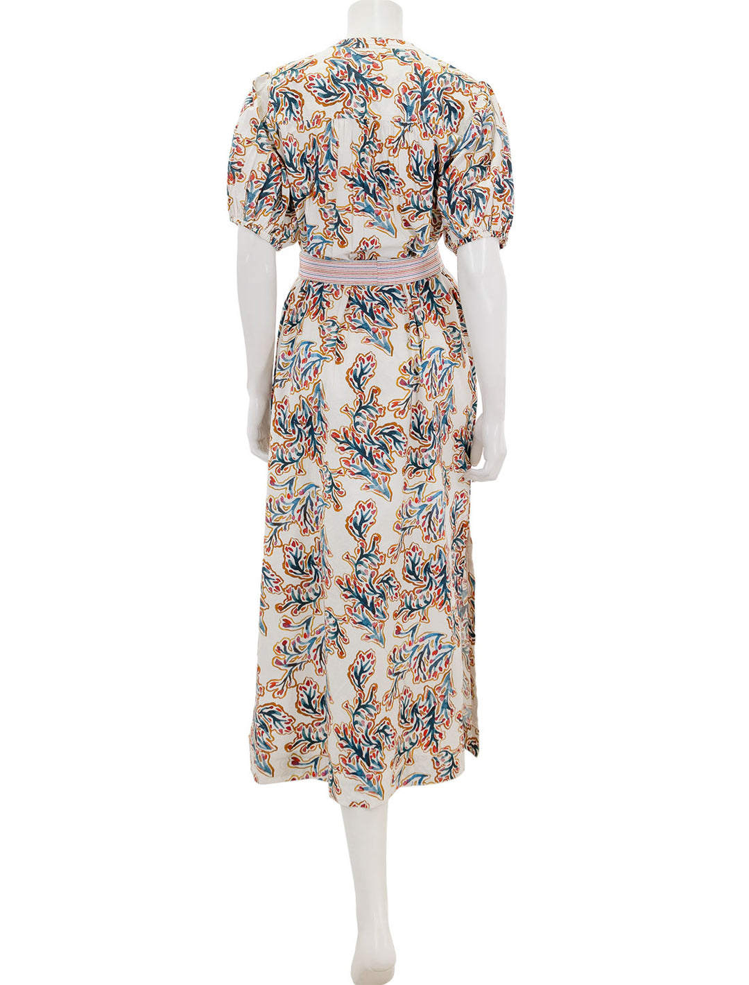 Back view of Lilla P.'s split neck full sleeve maxi dress in spring watercolor.
