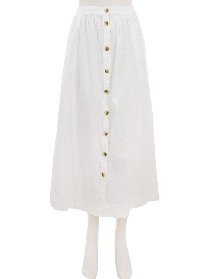 Front view of Lilla P.'s button front long skirt in white.