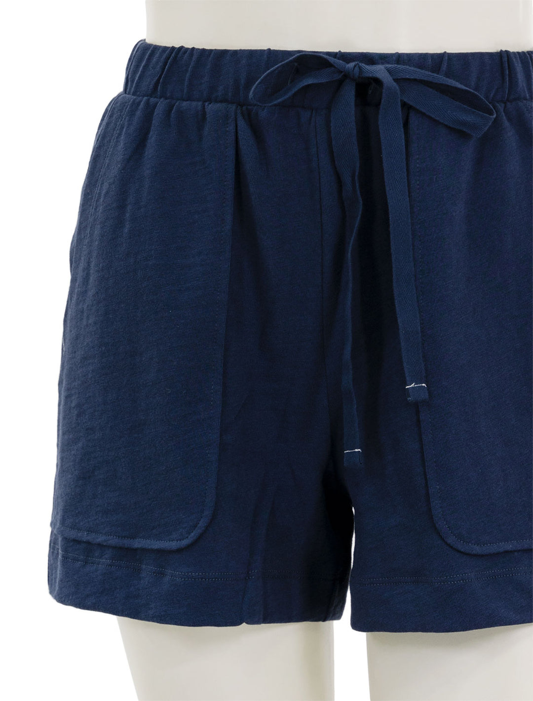 Close-up view of Lilla P.'s elastic waist drawstring shorts in navy.