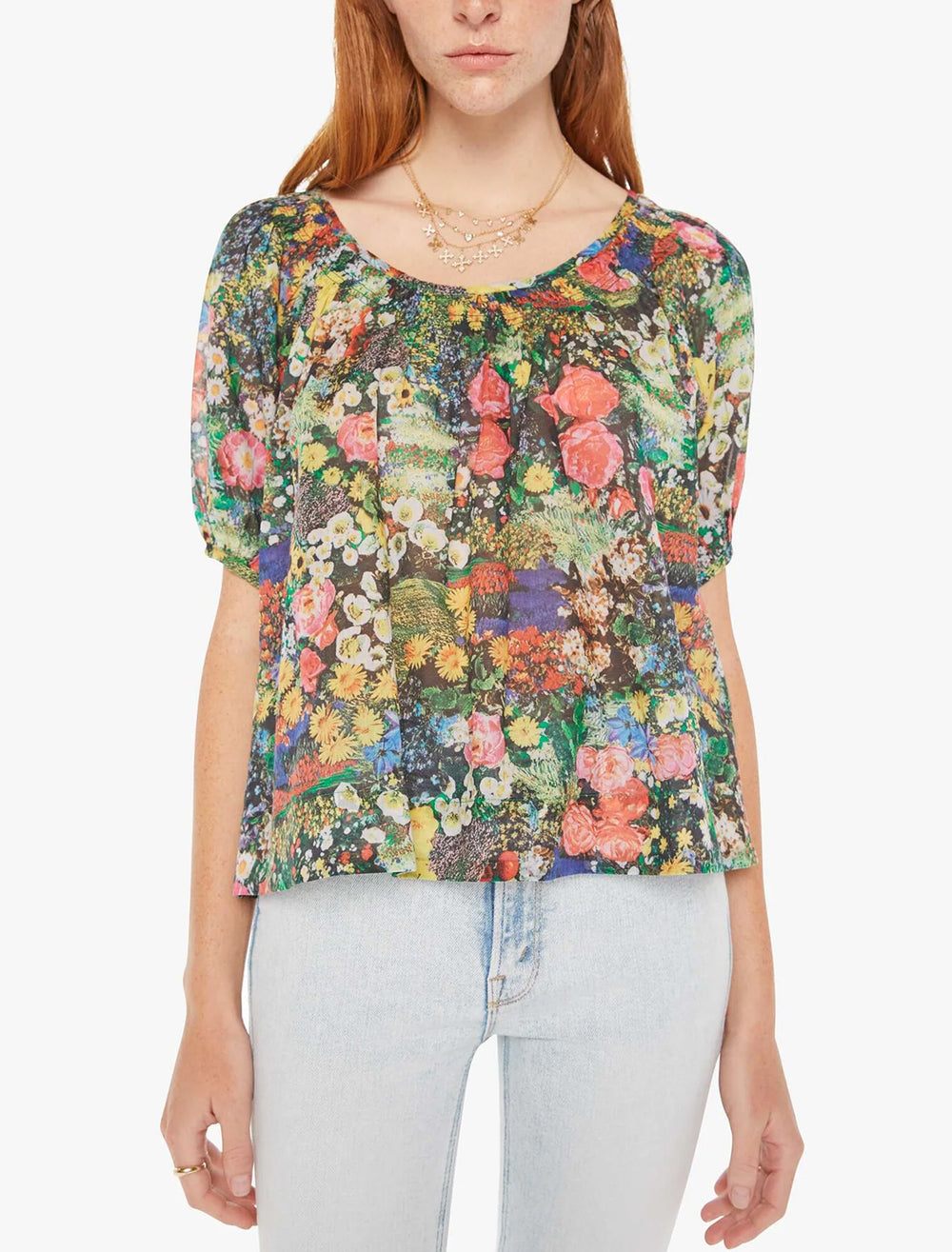 Model wearing MOTHER's the garden party peasant top in pretty as a picture.