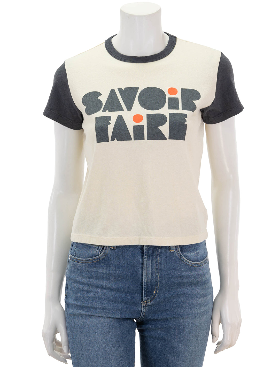 Front view of Mother's savoir faire goodie goodie ringer tee.