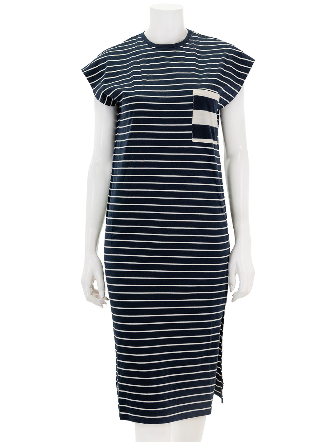 Front view of KULE's the honor dress in navy and cream stripe.