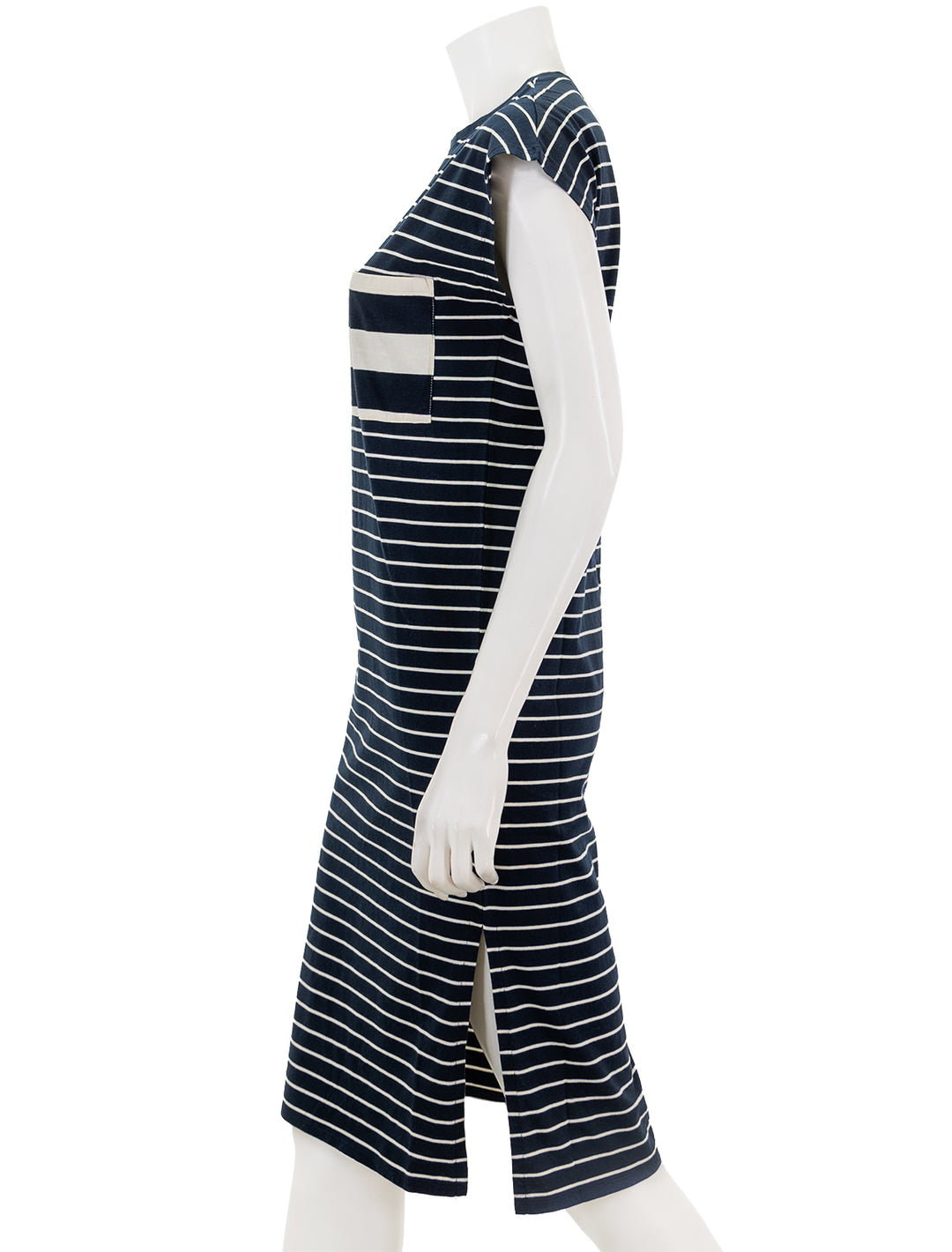 Side view of KULE's the honor dress in navy and cream stripe.