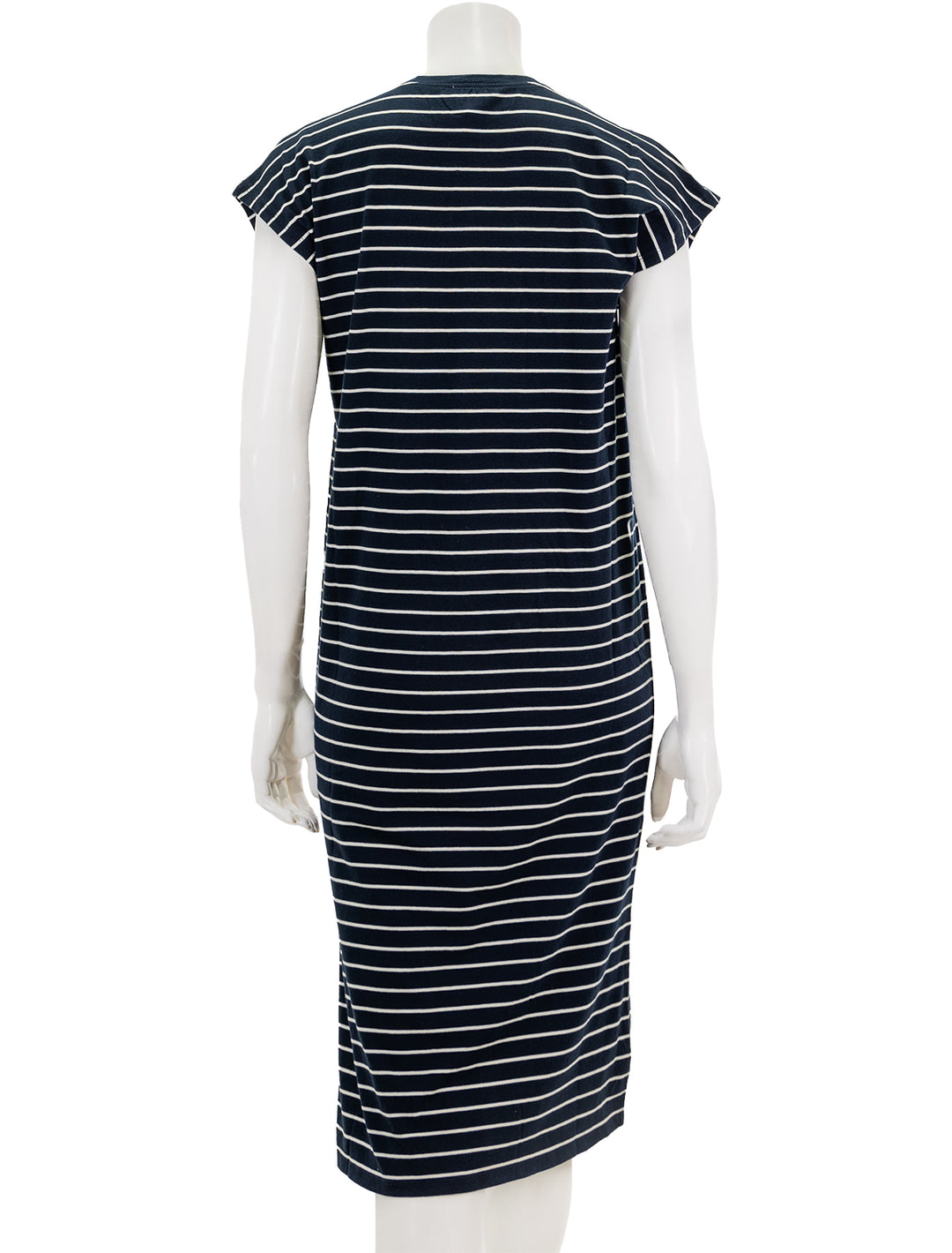 Back view of KULE's the honor dress in navy and cream stripe.