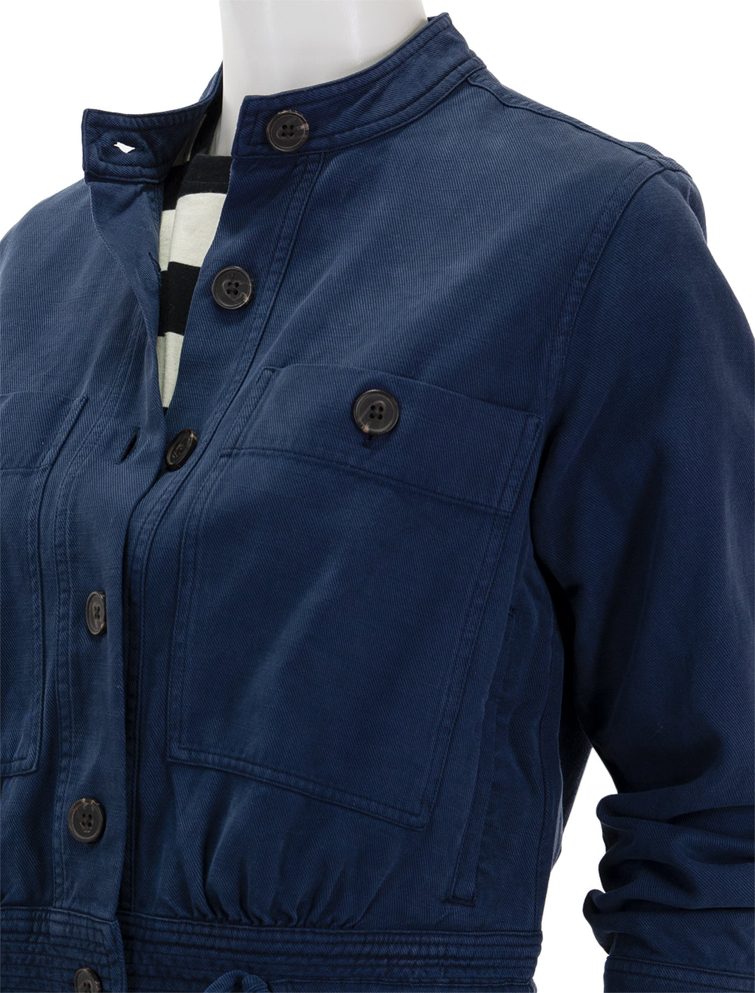 Close-up view of Rails' alma jacket in navy.