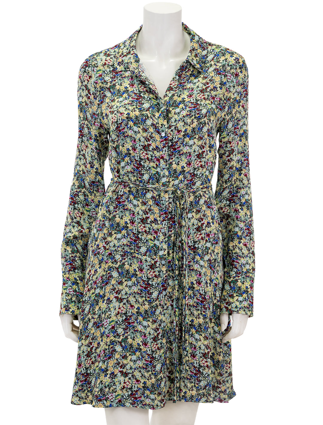 Front view of Derek Lam 10 Crosby's angie long sleeve shirt dress in teal multi floral.
