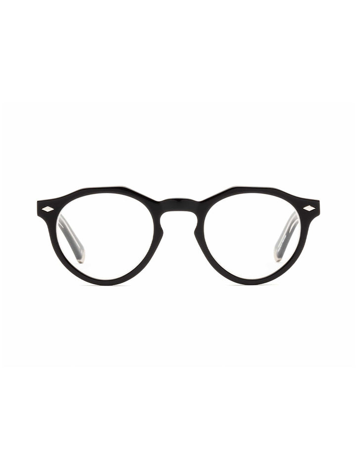 Front view of Caddis' dogleg readers in polished black & vodka.