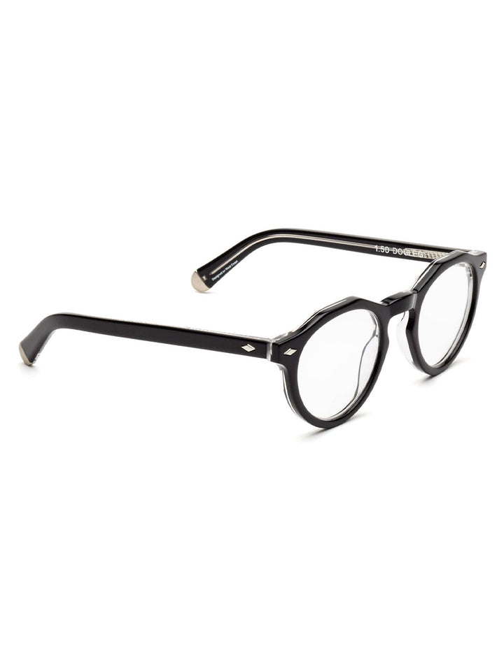 Front angle view of Caddis' dogleg readers in polished black & vodka.