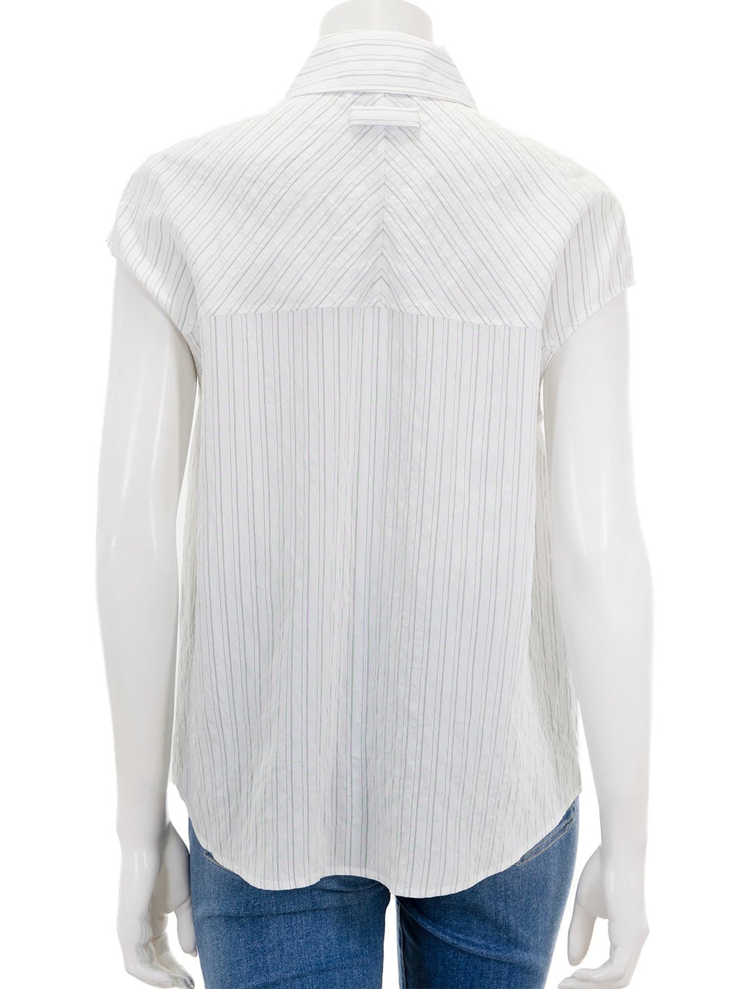 Back view of Saint Art's perth cap sleeve button blouse in off white pinstripe.