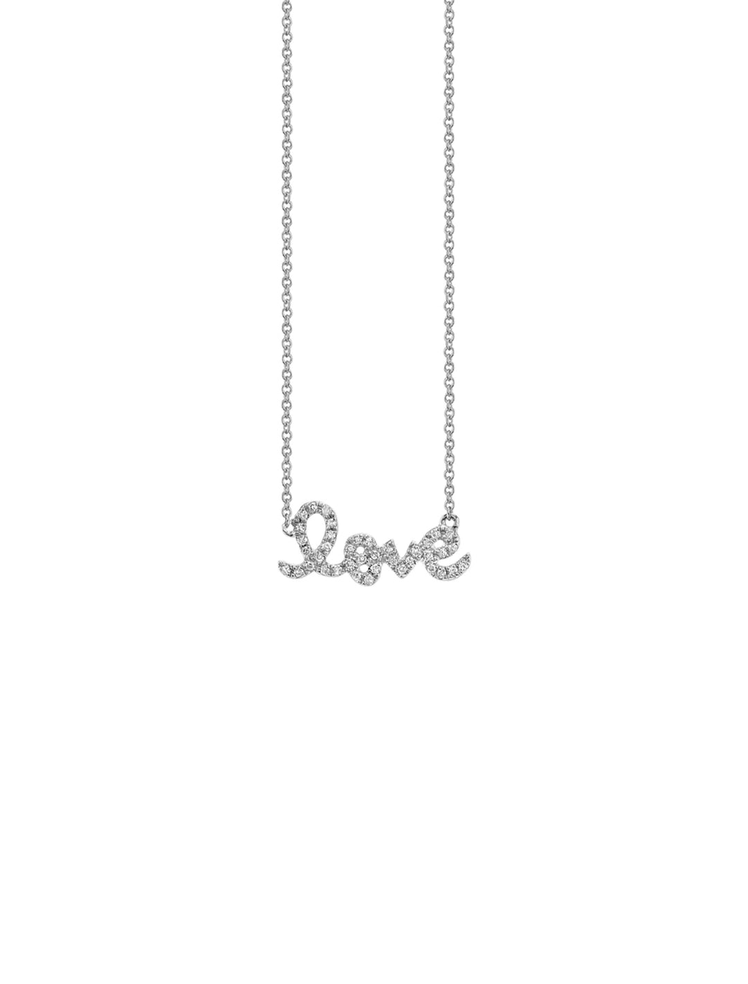 Sydney Evan's pave small love script necklace in white gold.