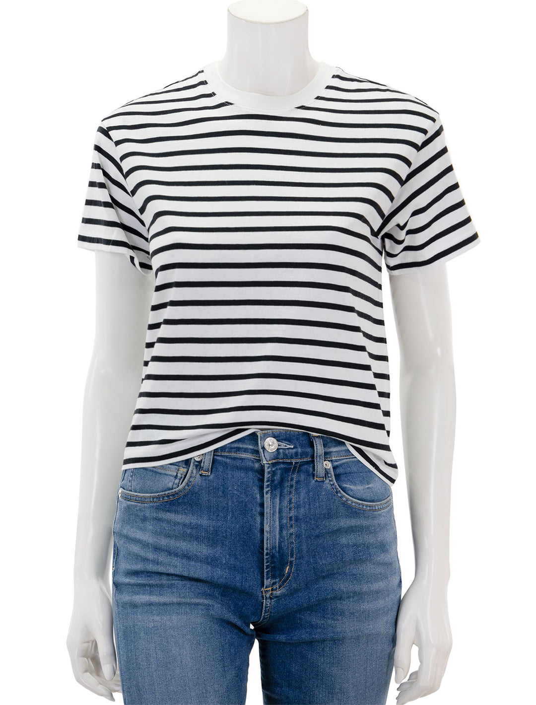 Front view of ATM's classic jersey short sleeve stripe boy tee in black and white stripe.